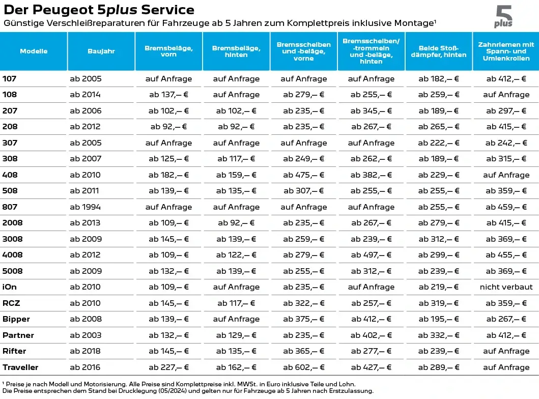 Preistabelle Peugeot 5plus Service